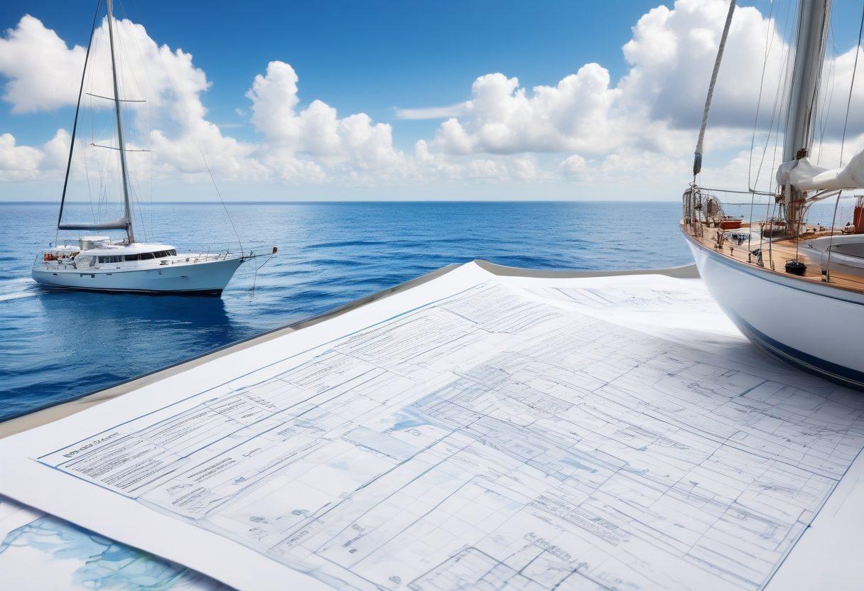 A sleek yacht sailing smoothly across vibrant blue waters, surrounded by various vessel types like a fishing boat, cargo ship, and sailboat, each reflecting the essence of nautical insurance. In the foreground, an open insurance policy document with nautical charts and compass, symbolizing comprehensive coverage. The sky is bright with fluffy white clouds, evoking a sense of calm and security. super-realistic. vibrant colors. white background.