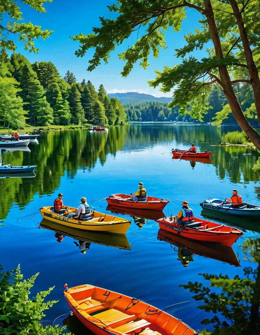 A serene lake scene with a diverse collection of boats secured by modern protective vessels, showcasing vibrant life jackets and safety gear nearby. The surrounding landscape features lush green trees and a clear blue sky, with gentle waves reflecting the sun. A family is enjoying a safe boating experience, smiling and relaxed on one of the boats. super-realistic. vibrant colors. picturesque background.